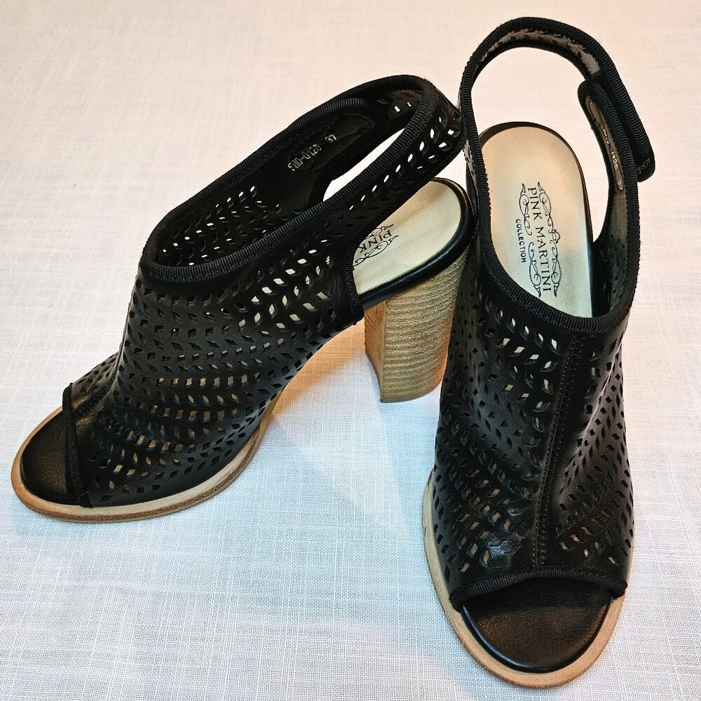PINK MARTINI Black Vegan Leather Perforated Block Heel Sandal Size 6.5 (37)